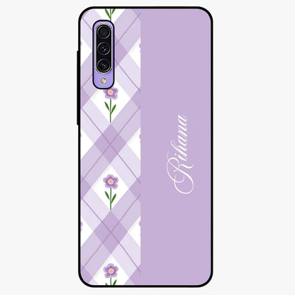 Purple Diamond Floral Glass Case showing flat back view with diamond shaped floral artwork and glossy glass finish.