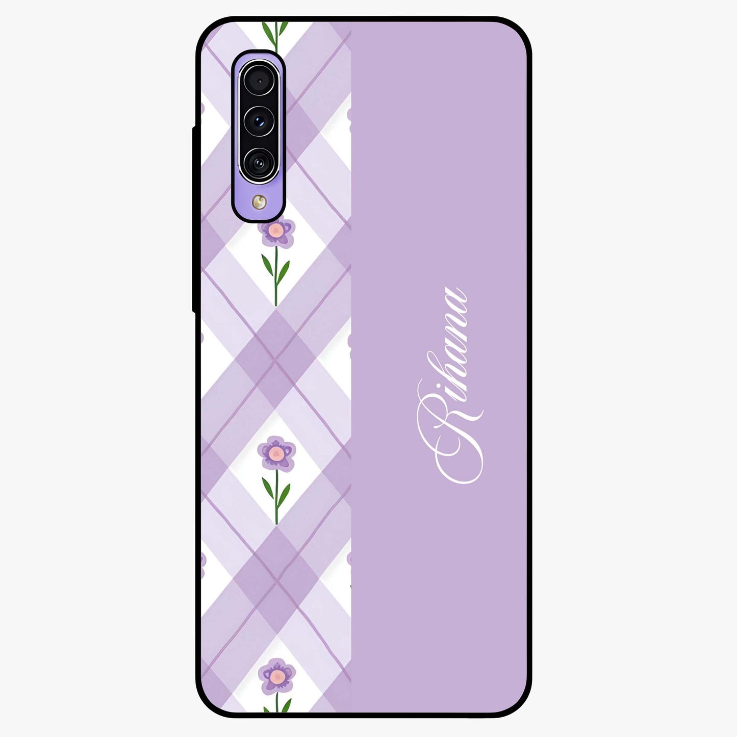 Purple Diamond Floral Glass Case showing flat back view with diamond shaped floral artwork and glossy glass finish.