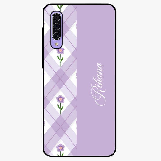 Purple Diamond Floral Glass Case showing flat back view with diamond shaped floral artwork and glossy glass finish.