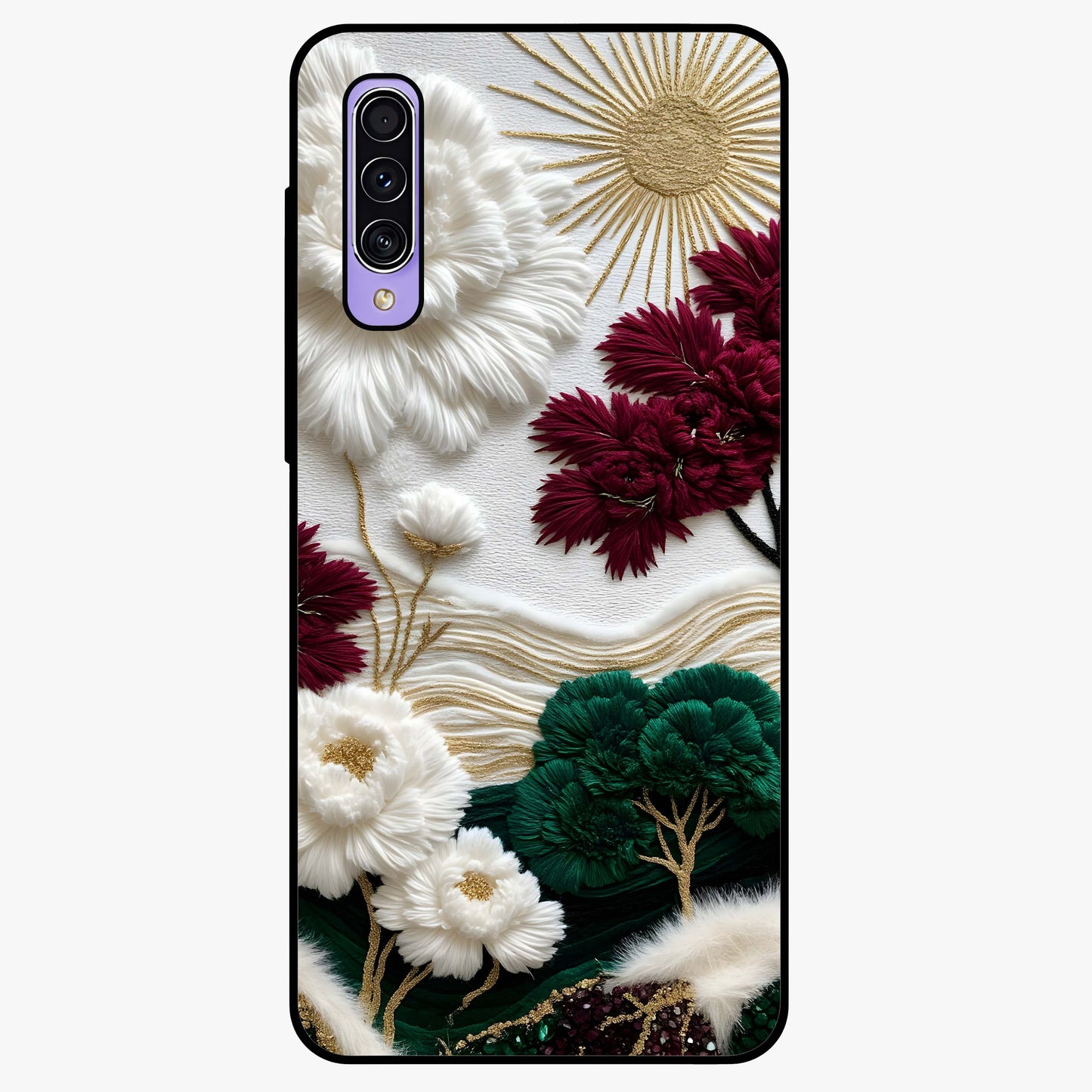 Radiant Bloom Elegance Glass Case showing flat back view with elegant blooming flower artwork and glossy glass finish.