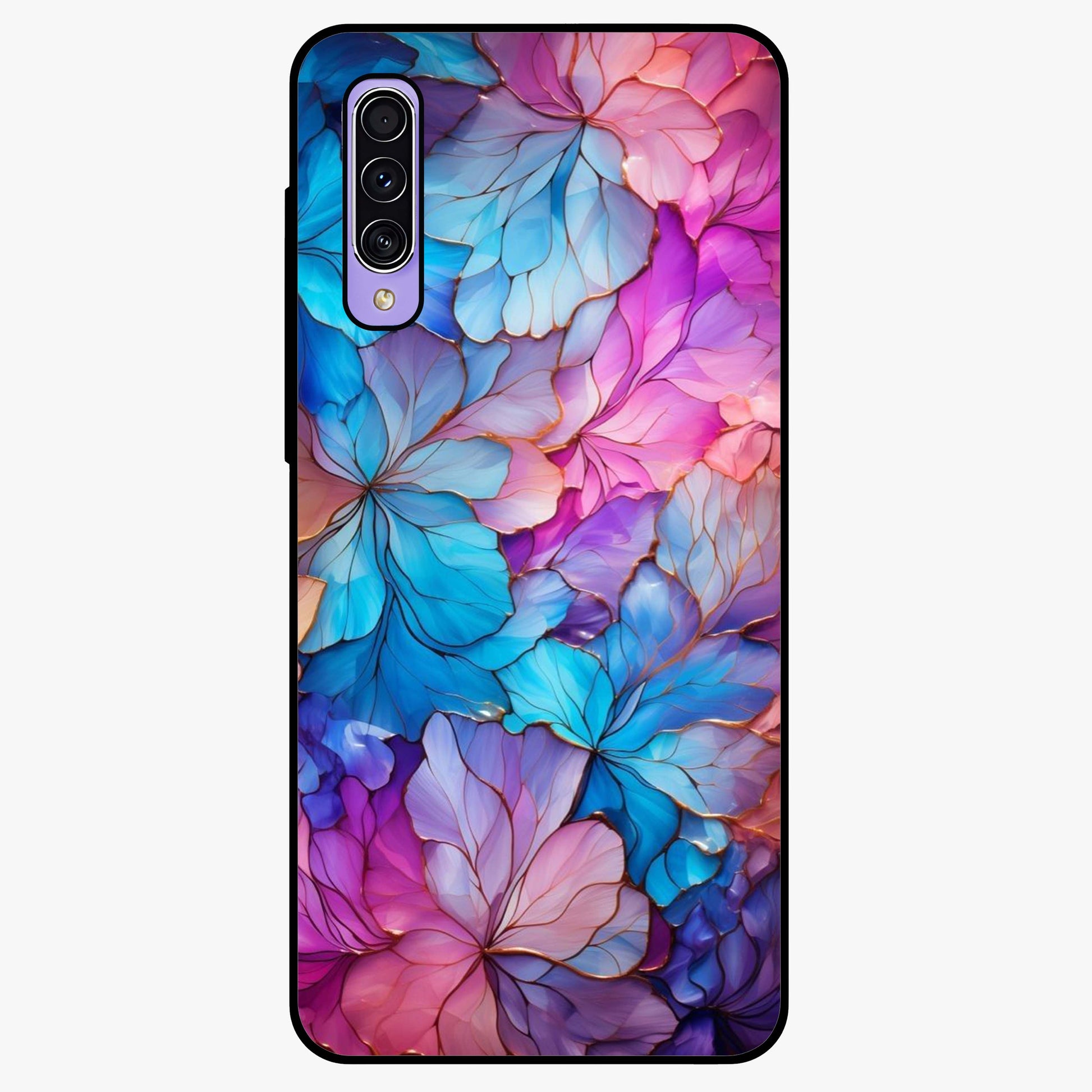Radiant Floral Whirl Glass Case showing flat back view with swirling floral artwork and glossy glass finish.