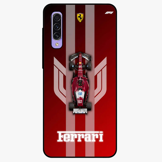 Red Ferrari F1 Vertical Glass Case showing flat back view with sleek Formula racing car artwork and glossy glass finish.