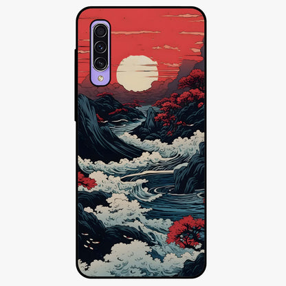 Red Sunset Scenery Glass Case showing flat back view with vibrant sunset landscape artwork and glossy glass finish.