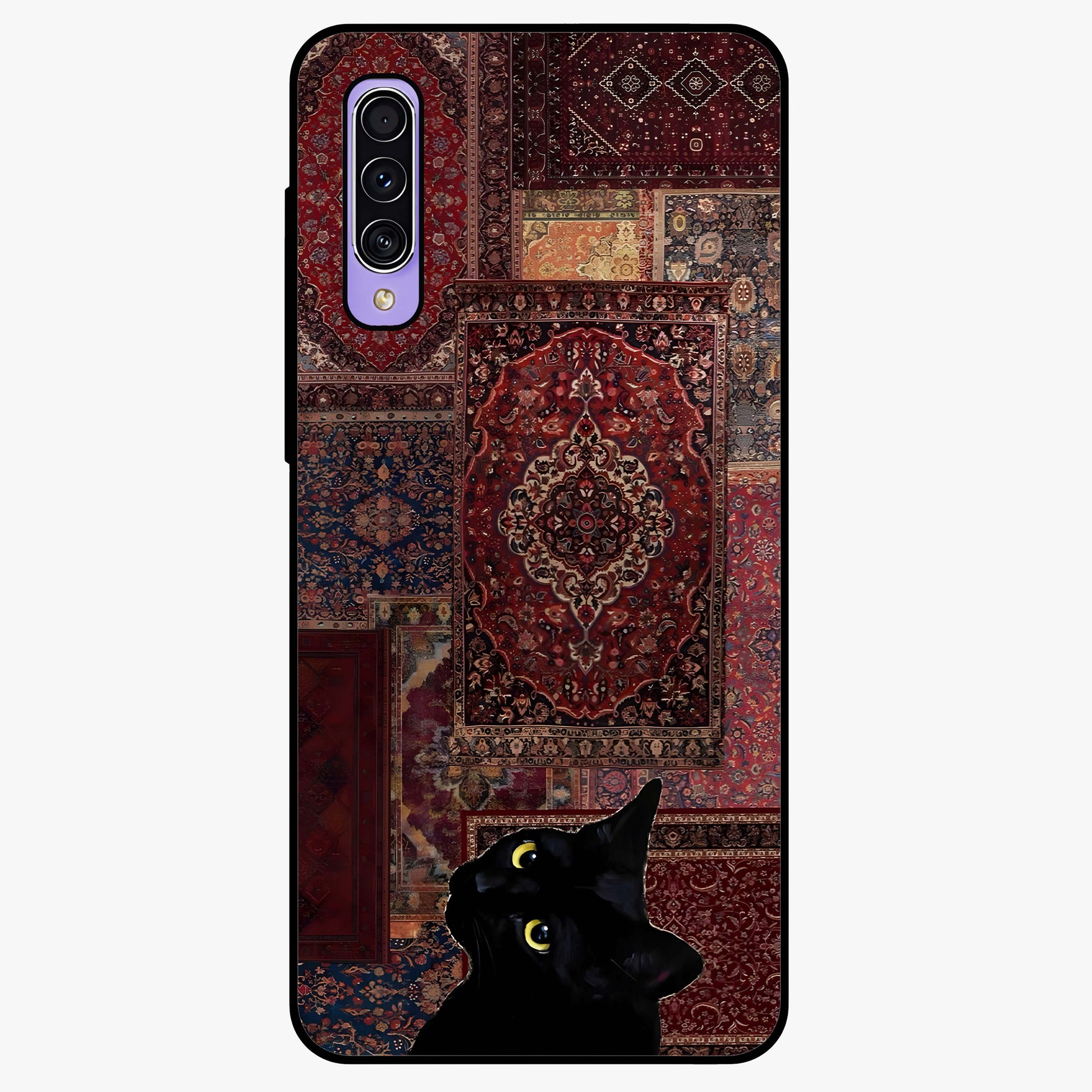 Regal Magic Cat Apple Glass Case showing flat back view with magical cat artwork holding apple and glossy glass finish.