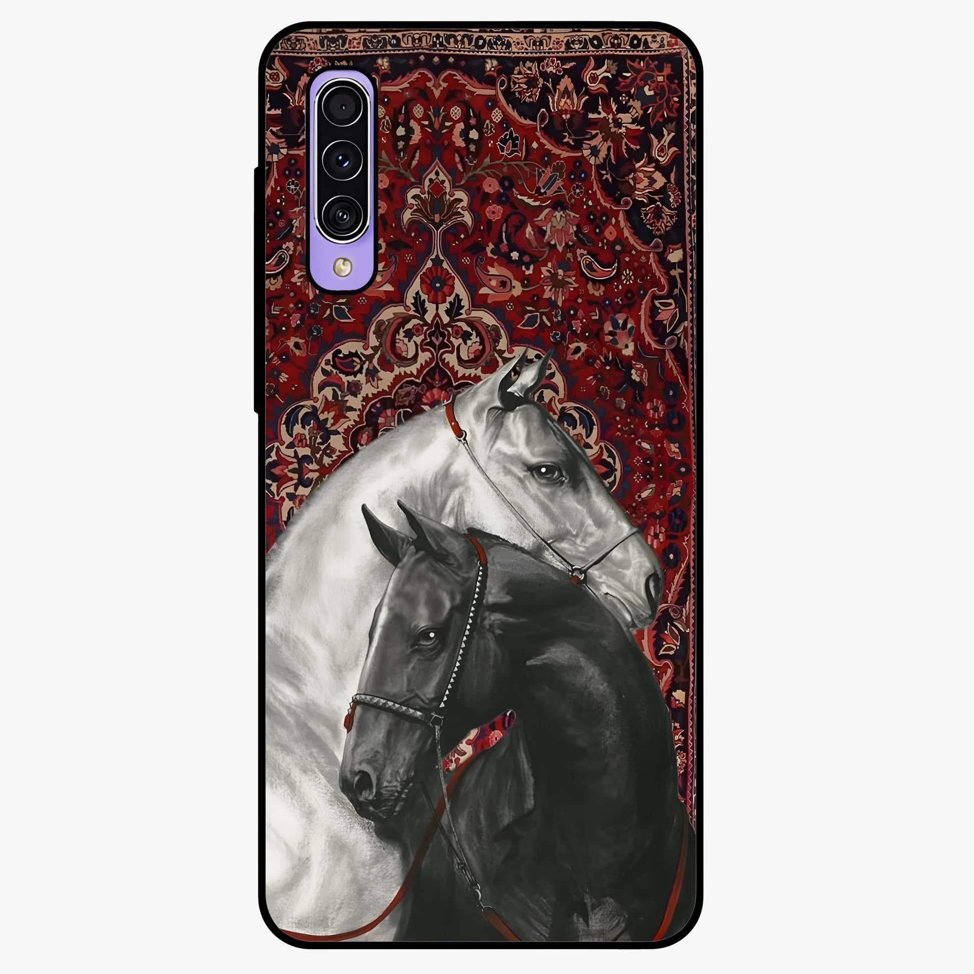 Regal Stallion Tapestry Glass Case showing flat back view with majestic horse tapestry artwork and glossy glass finish.