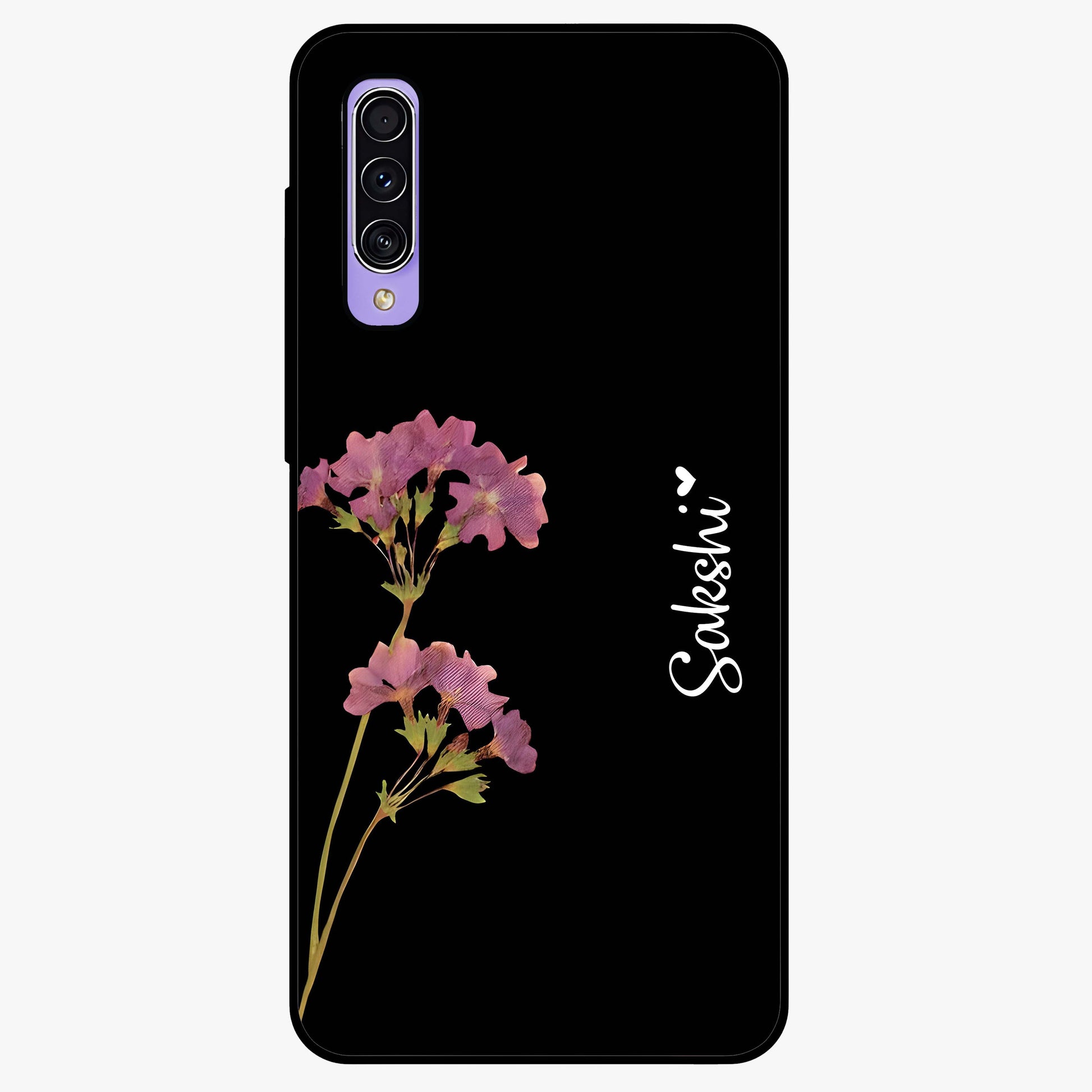 Riching Lavender Flower Custom Name Glass Case showing flat back view with lavender floral artwork and personalized name design.