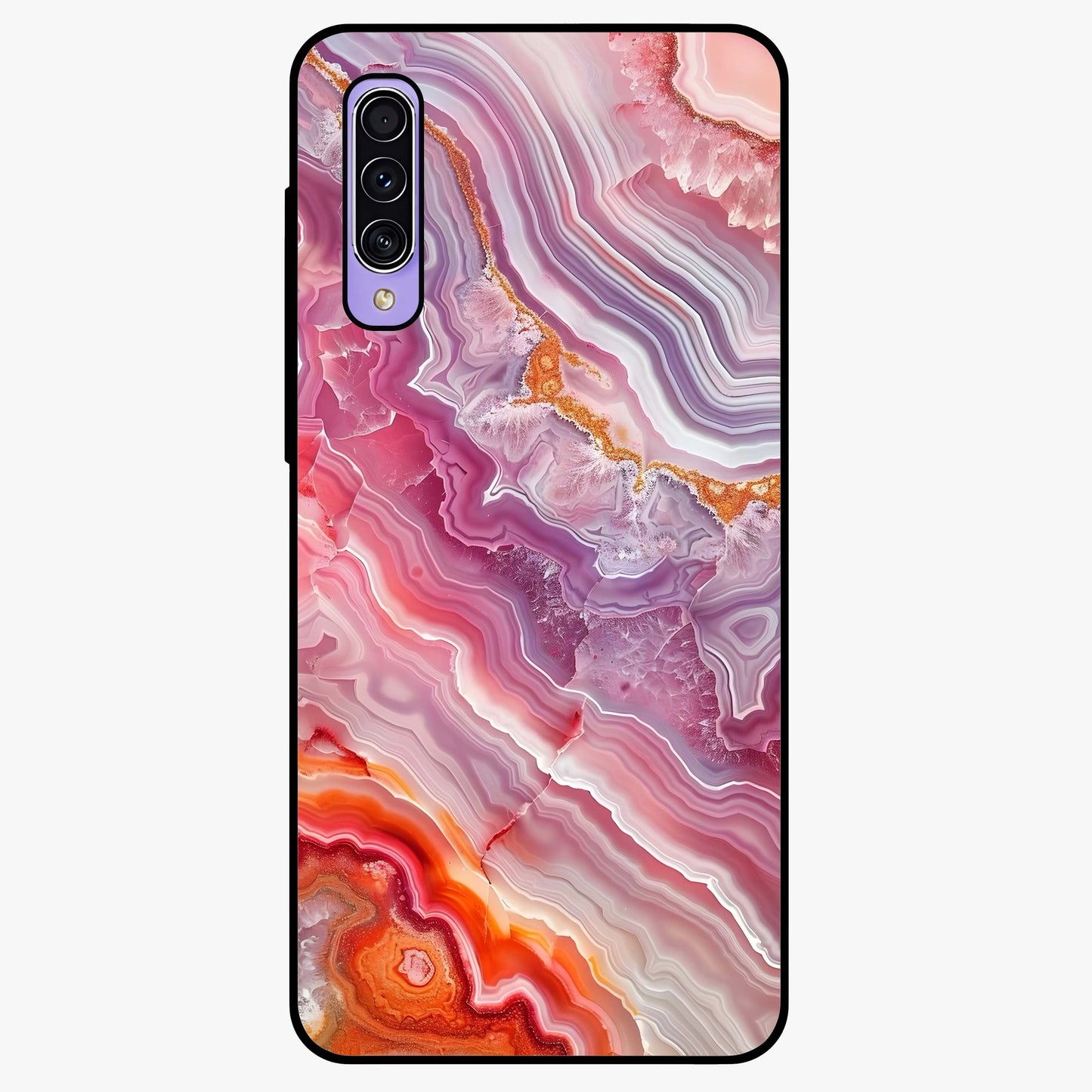 Rose Quartz Marble Glass Case showing flat back view with pink marble quartz texture artwork and glossy glass finish.