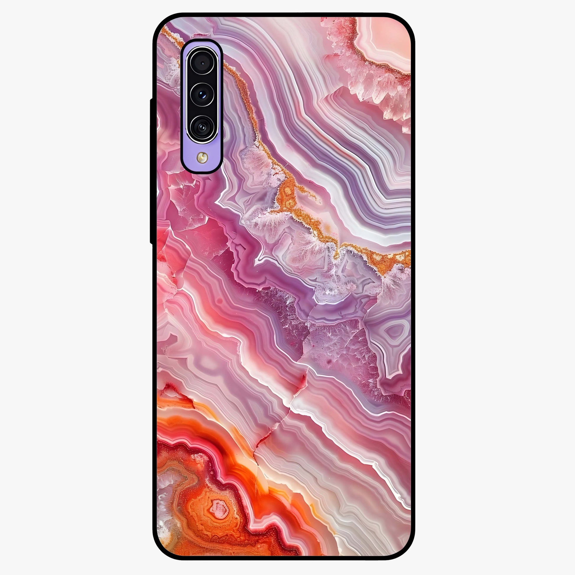 Rose Quartz Marble Glass Case showing flat back view with pink marble quartz texture artwork and glossy glass finish.