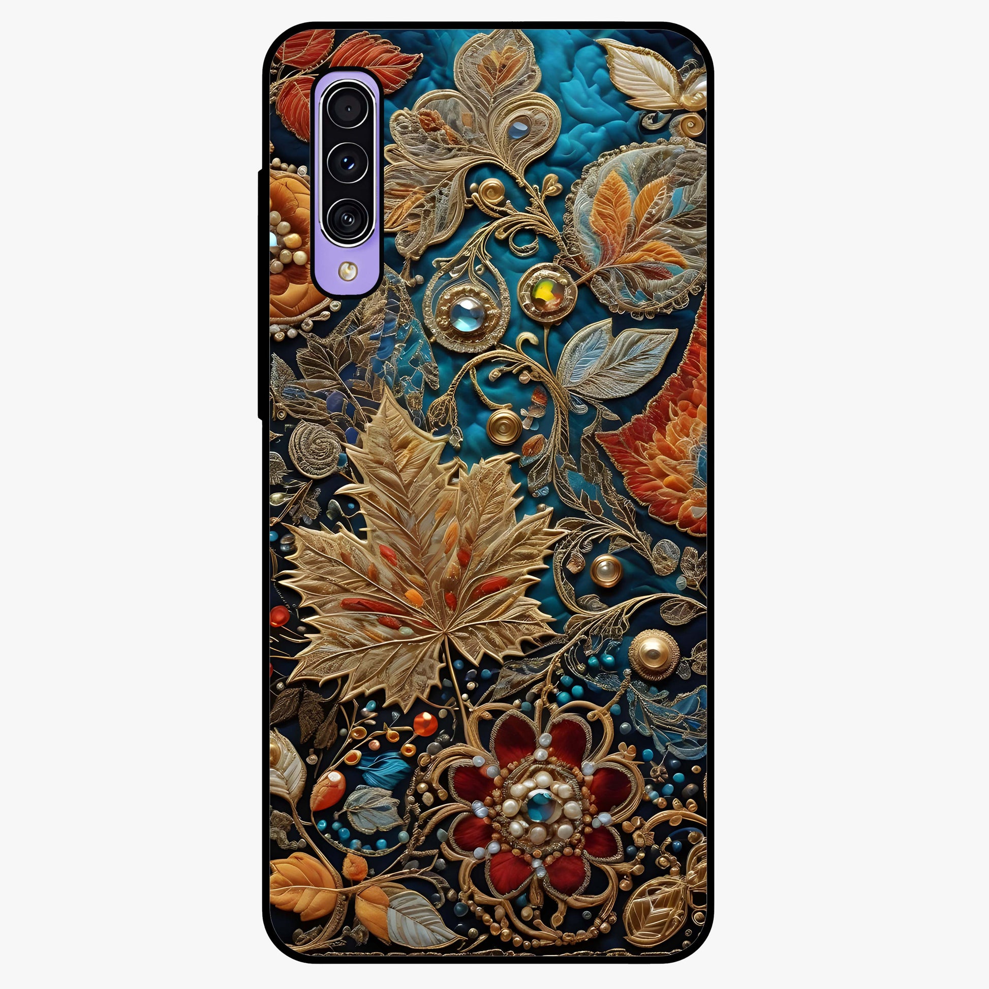 Royal Jewel Garden Glass Case showing flat back view with decorative floral garden artwork and glossy glass finish.