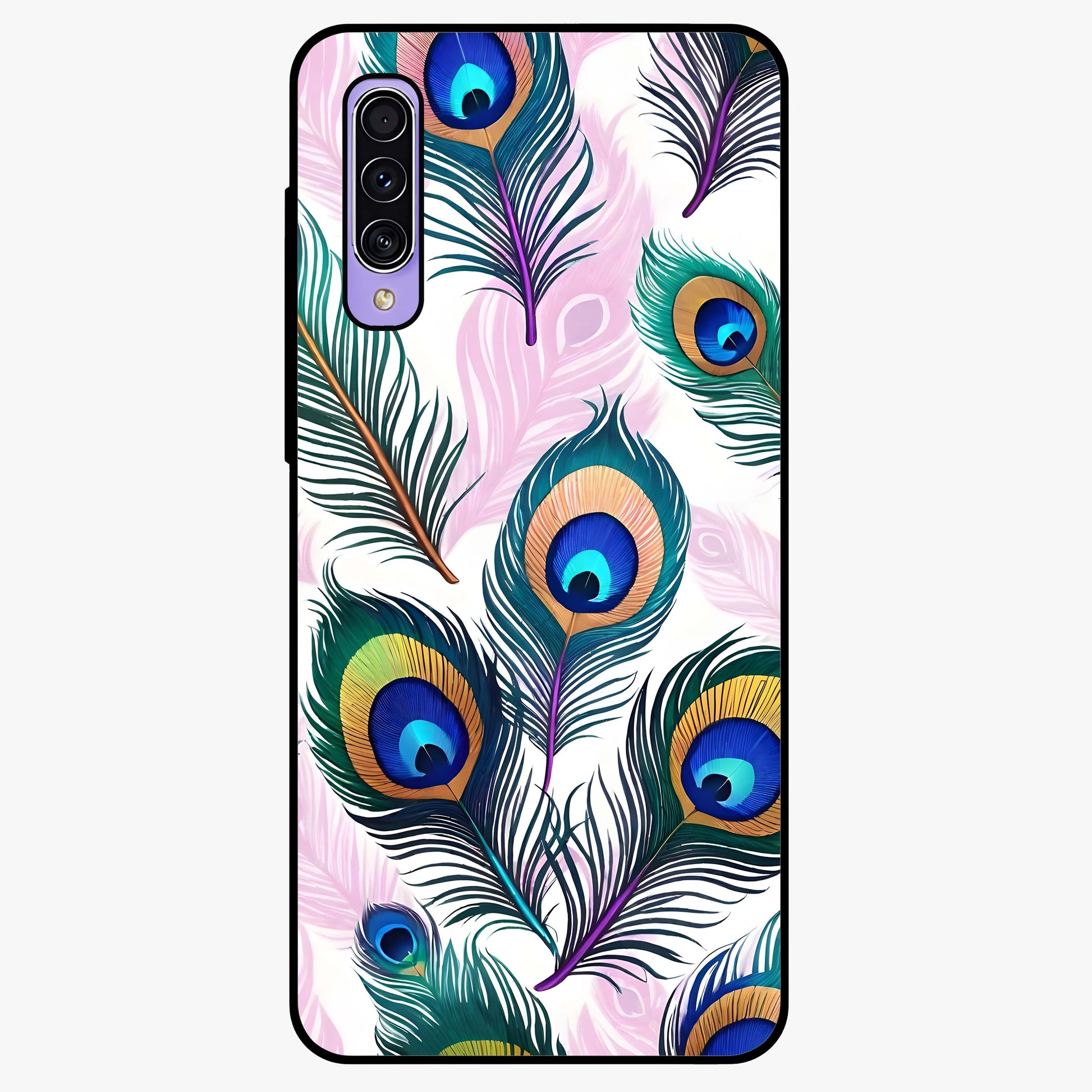 Royal Peacock Feathers Glass Case showing flat back view with colorful peacock feather artwork and glossy glass finish.