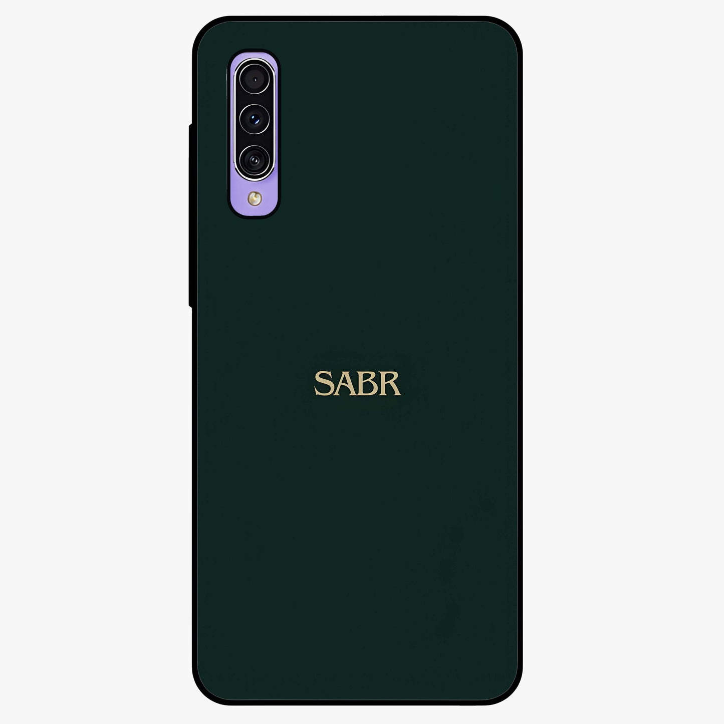 Sabr Minimal Patience Glass Case showing flat back view with minimalist typography artwork and glossy glass finish.
