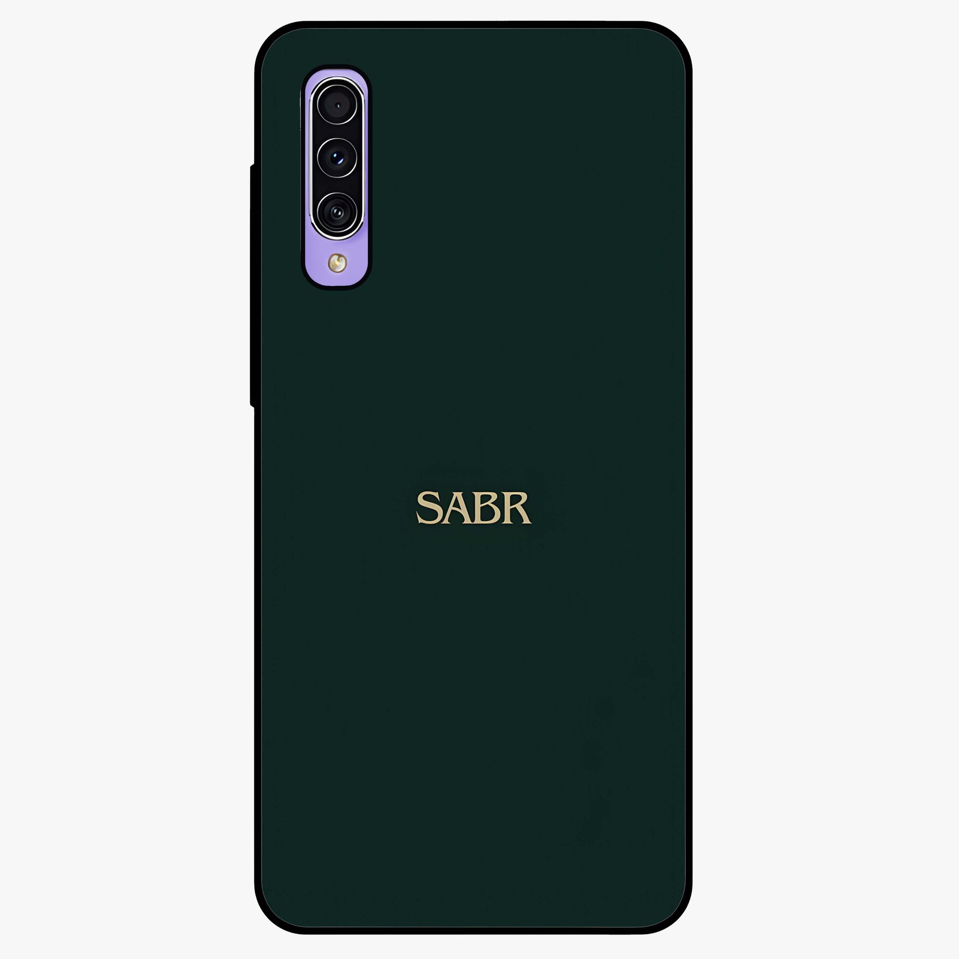 Sabr Minimal Patience Glass Case showing flat back view with minimalist typography artwork and glossy glass finish.