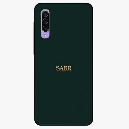 Sabr Minimal Patience Glass Case showing flat back view with minimalist typography artwork and glossy glass finish.