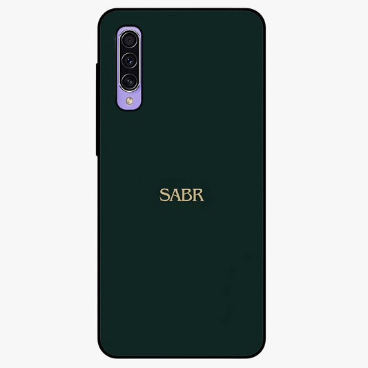 Sabr Minimal Patience Glass Case showing flat back view with minimalist typography artwork and glossy glass finish.