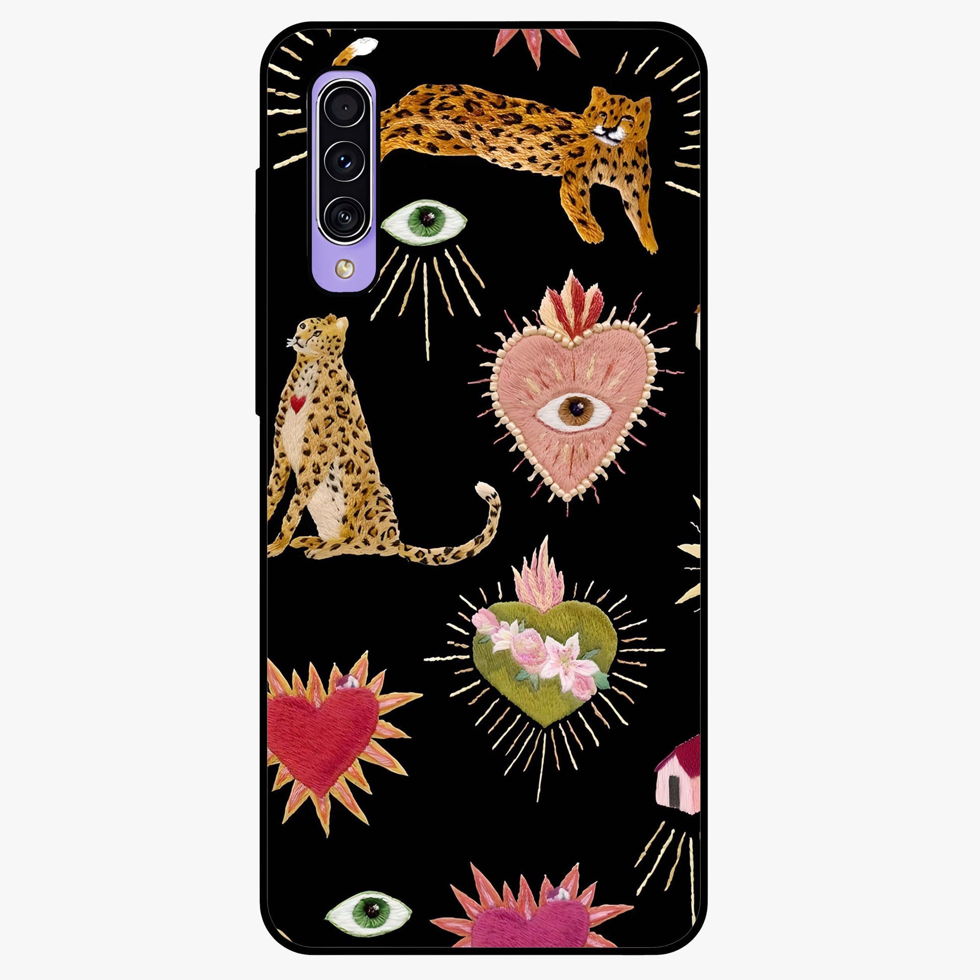 Sacred Jungle Heart Glass Case showing flat back view with jungle inspired heart artwork and glossy glass finish.