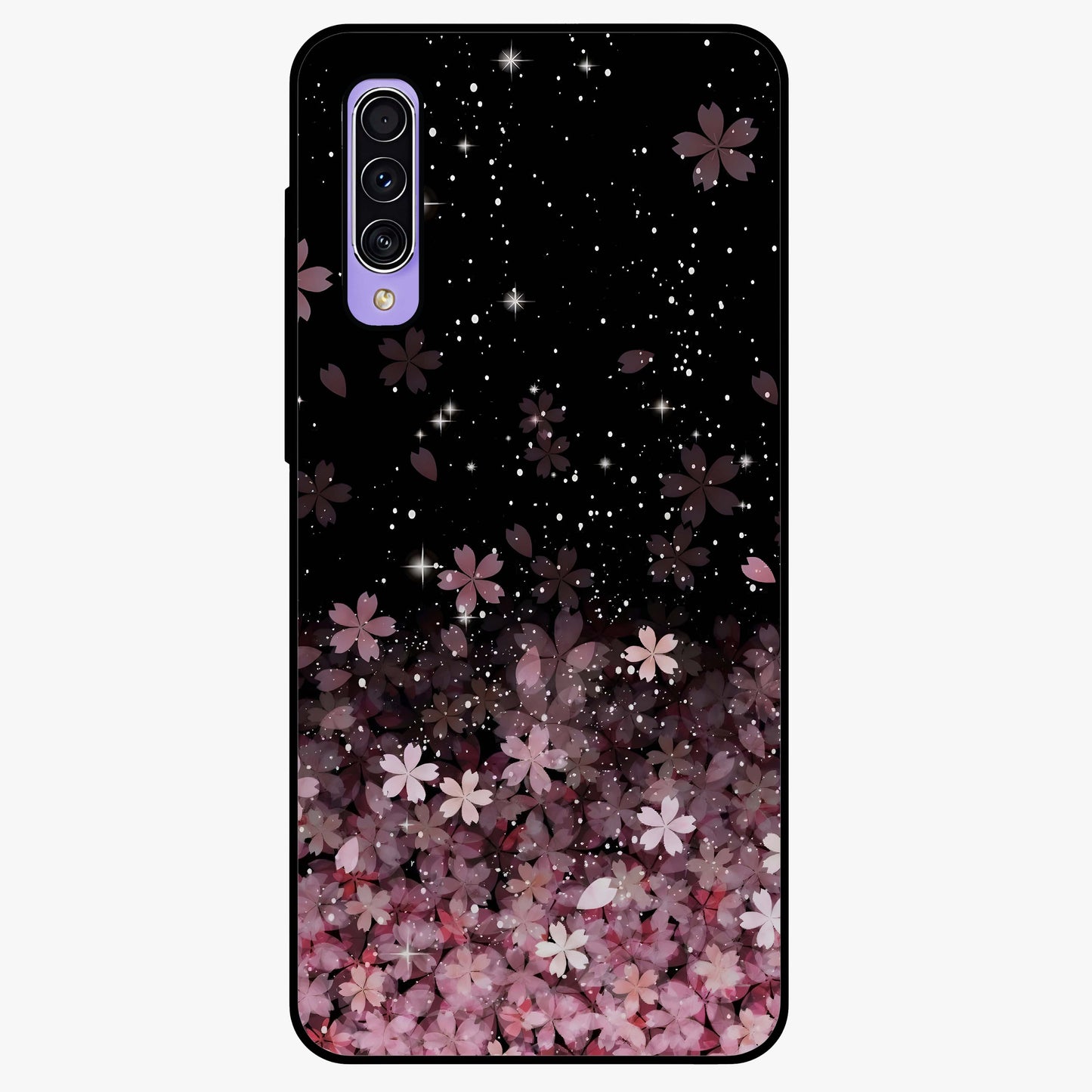 Small Starry Flowers Glass Case showing flat back view with delicate starry floral artwork and glossy glass finish.