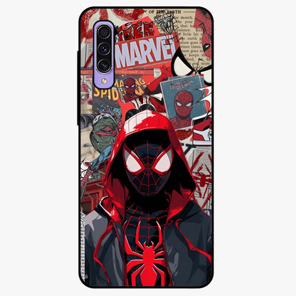 Spider Collage Street Glass Case showing flat back view with vibrant superhero collage artwork and glossy glass finish.