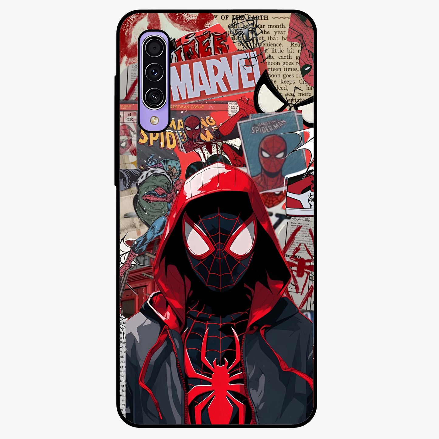 Spider Collage Street Glass Case showing flat back view with vibrant superhero collage artwork and glossy glass finish.