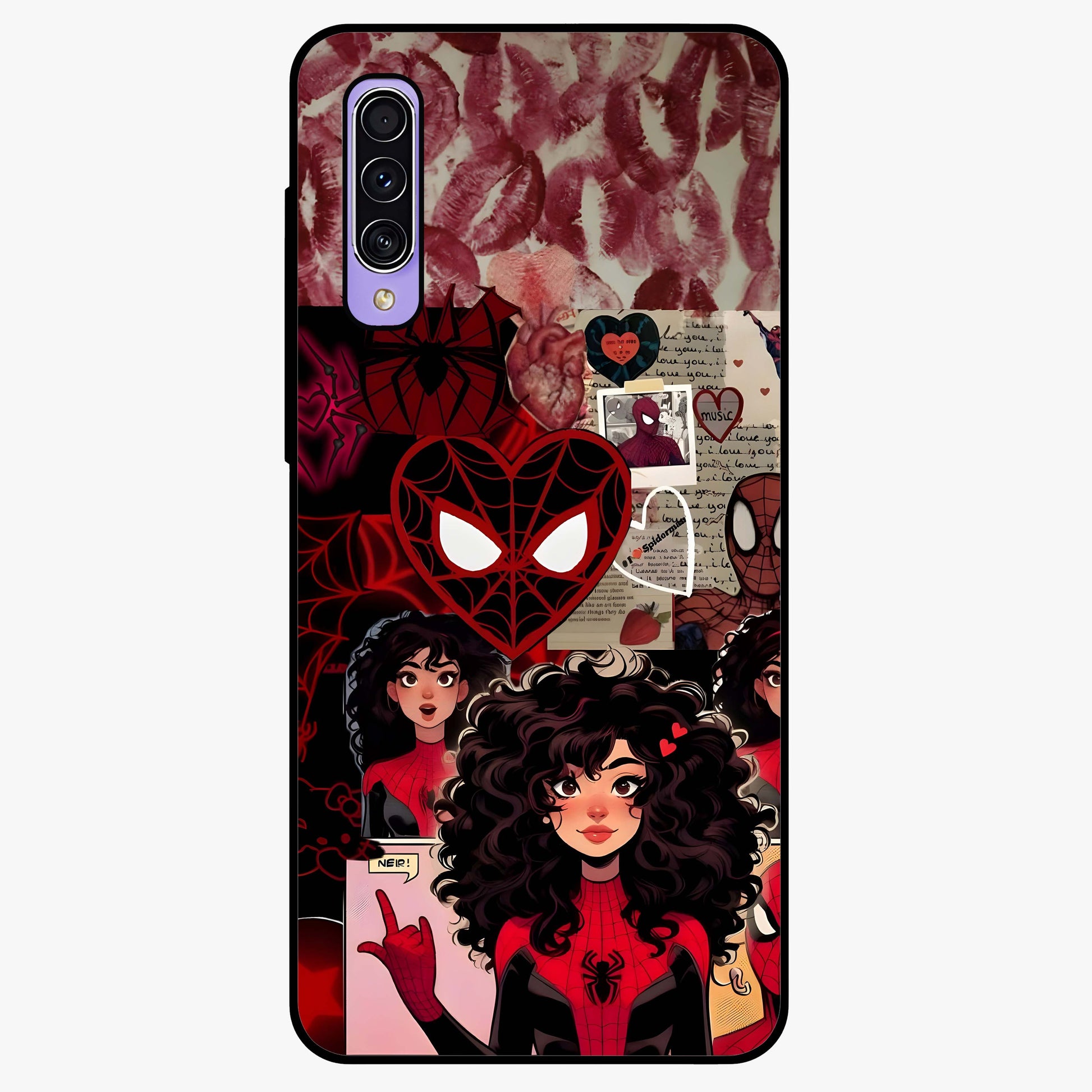 Spider Love Story Glass Case showing flat back view with romantic superhero themed artwork and glossy glass finish.
