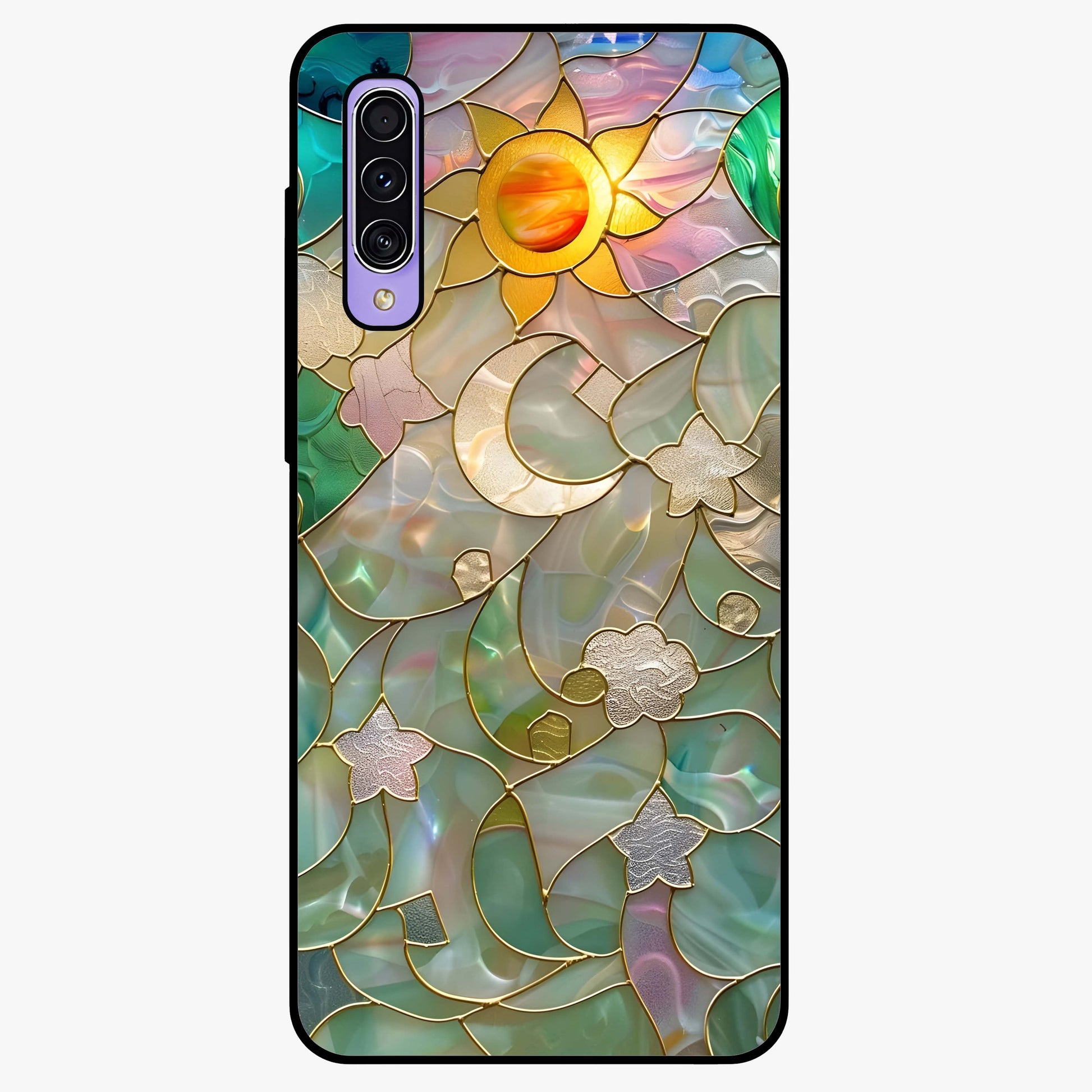 Stained Sunrise Glow Glass Case showing flat back view with glowing sunrise stained pattern artwork and glossy glass finish.