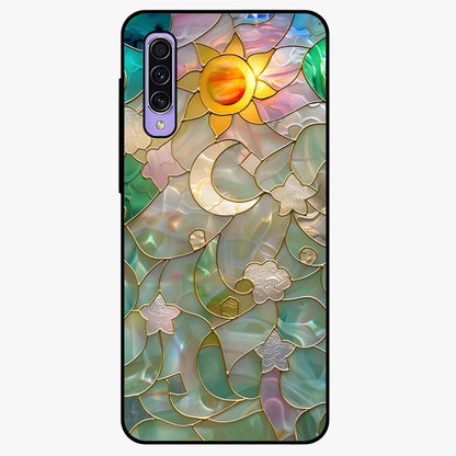 Stained Sunrise Glow Glass Case showing flat back view with glowing sunrise stained pattern artwork and glossy glass finish.