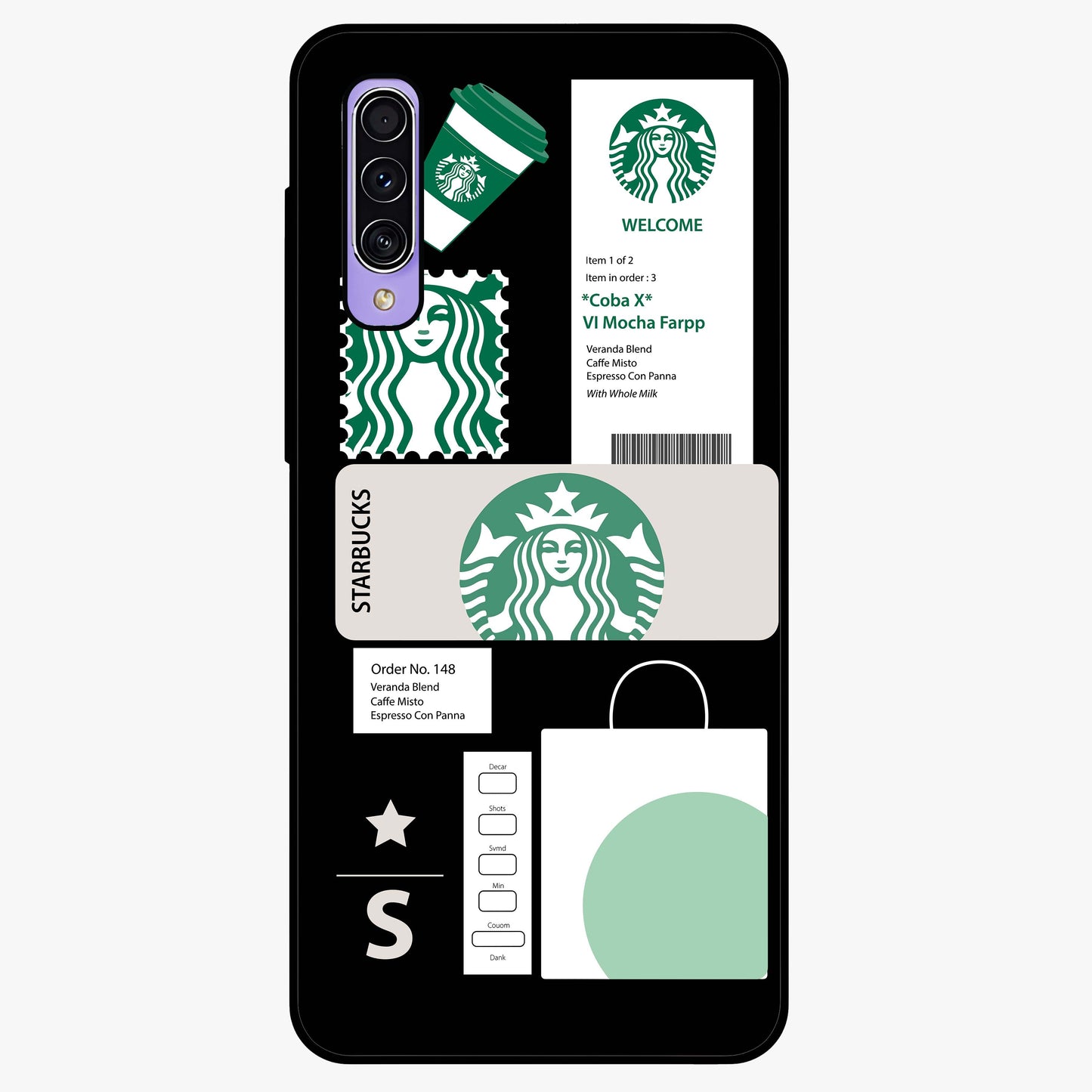 Starbucks Mocha Glass Case showing flat back view with coffee inspired artwork and glossy glass finish.