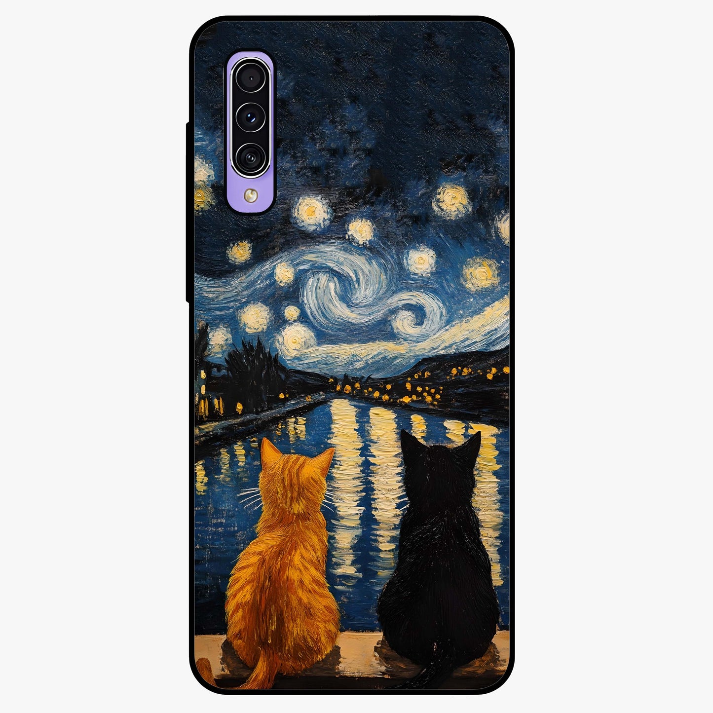 Starry River Cats Glass Case showing flat back view with cats by a starry river artwork and glossy glass finish.
