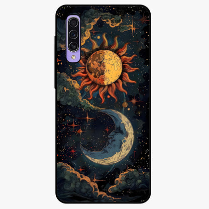 Sun And Moon Magic Design Glass Case showing flat back view with mystical sun and moon artwork and glossy glass finish.