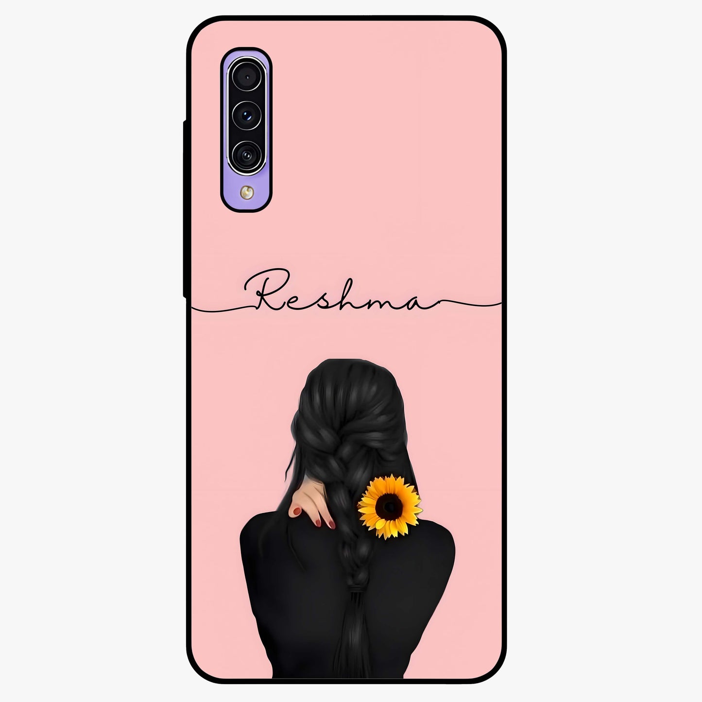 Sunflower Braid Beauty With Custom Name Glass Case showing flat back view with sunflower braid artwork and personalized name design.
