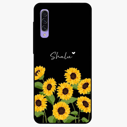 Sunflower Chic Mood Custom Name Glass Case showing flat back view with stylish sunflower artwork and personalized name design.