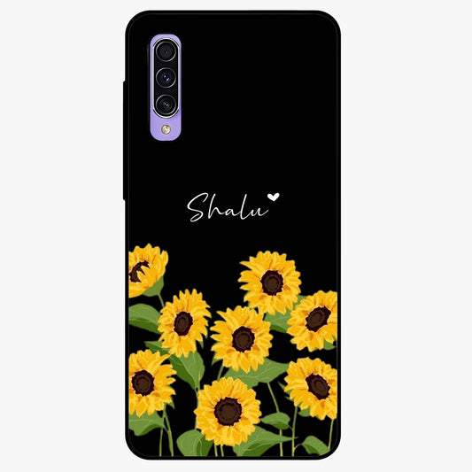 Sunflower Chic Mood Custom Name Glass Case showing flat back view with stylish sunflower artwork and personalized name design.
