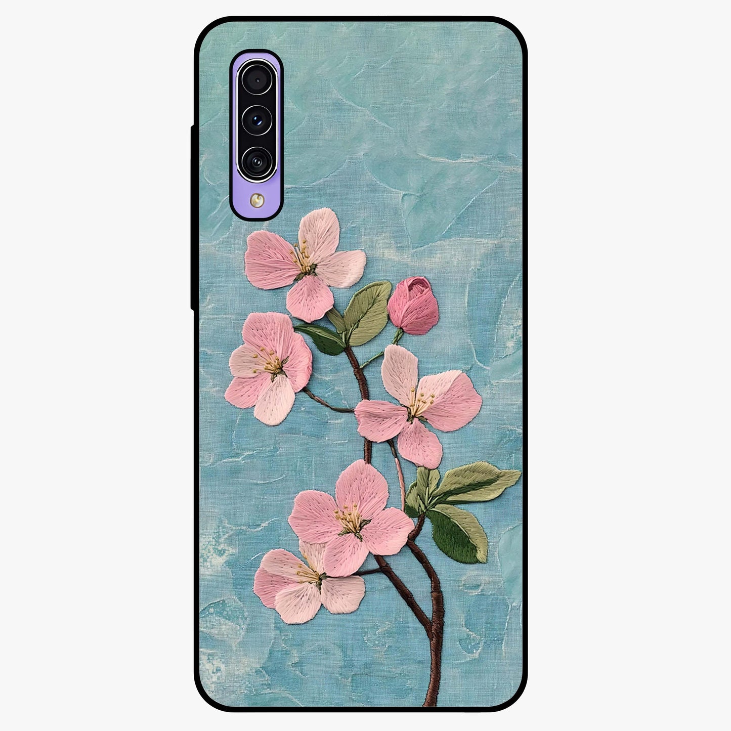 Threaded Blossom Breeze Glass Case showing flat back view with delicate blossom artwork and glossy glass finish.