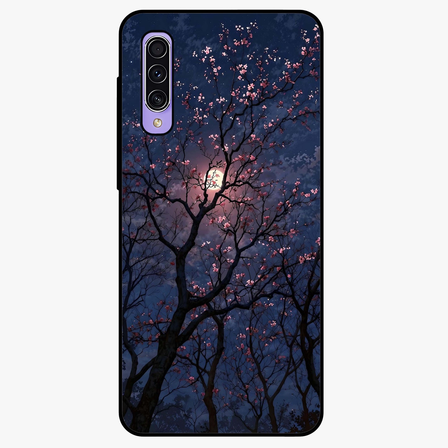 Twilight Sakura Serenade Glass Case showing flat back view with cherry blossom artwork at twilight and glossy glass finish.