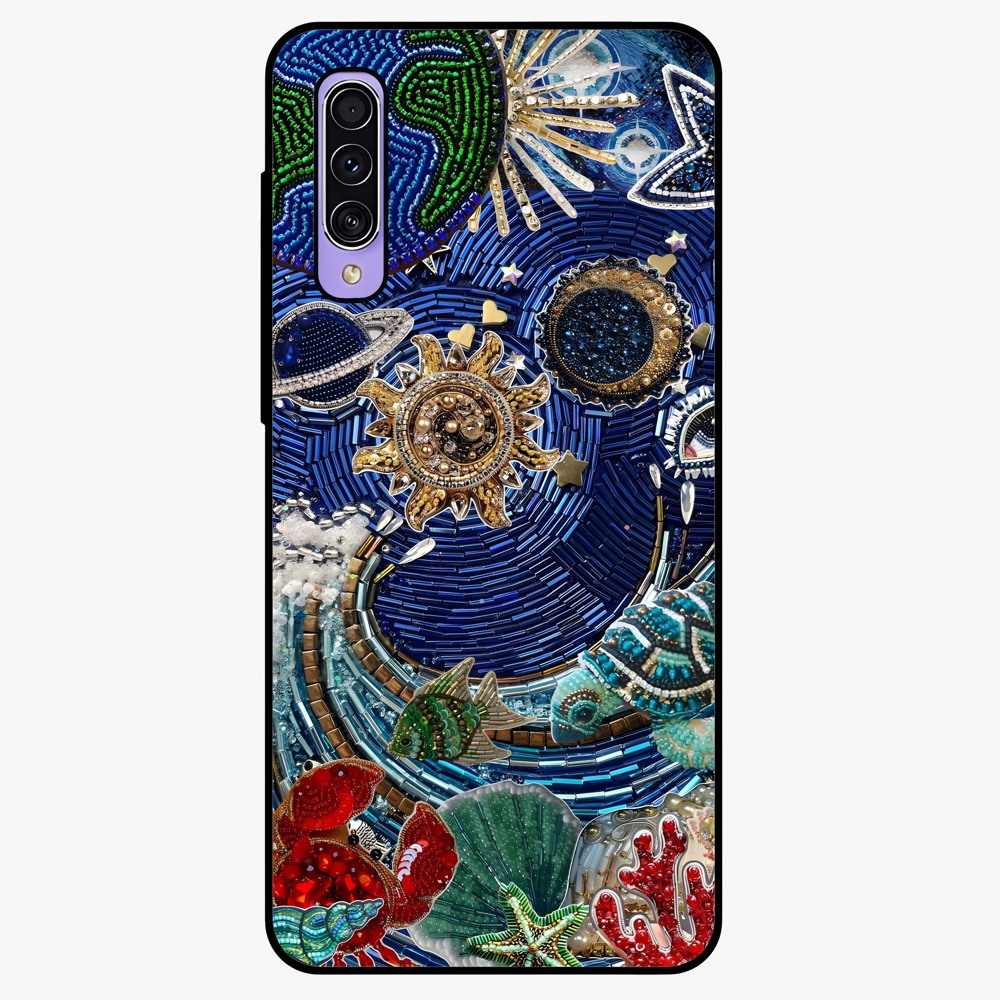 Universe Underwater Spark Glass Case showing flat back view with cosmic underwater themed artwork and glossy glass finish.
