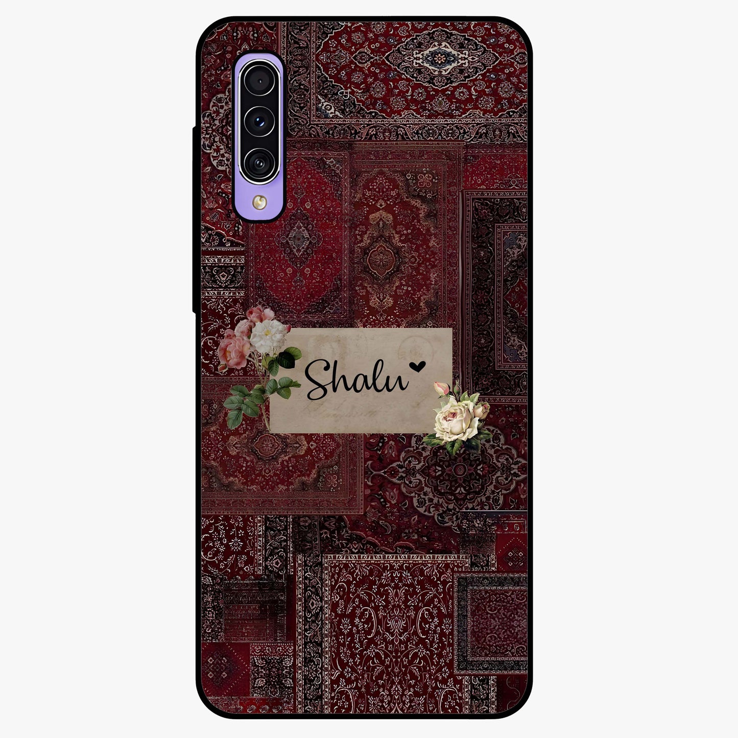 Velvet Wine Pattern Custom Name Glass Case showing flat back view with elegant wine colored pattern artwork and personalized name design.
