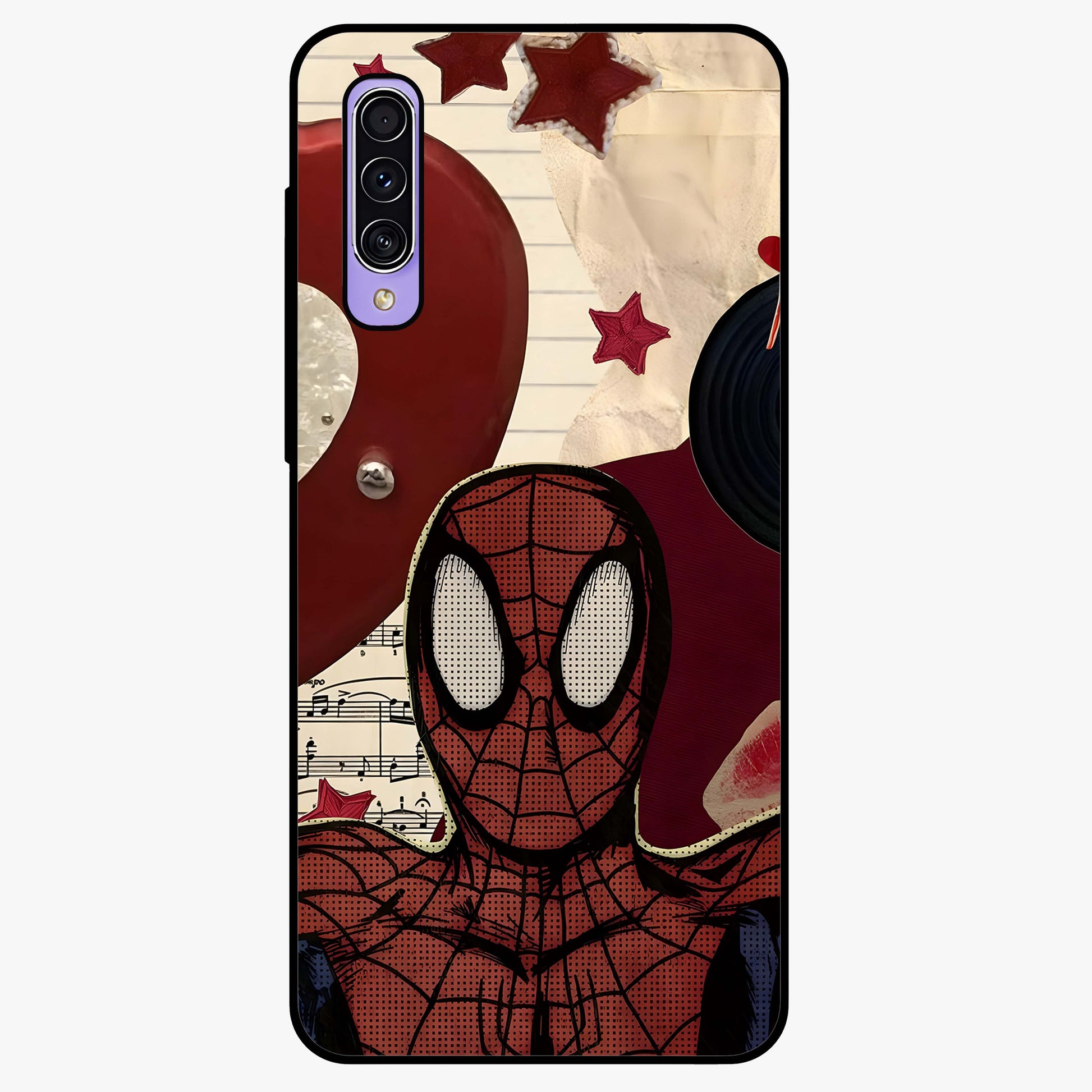 Web Warrior Vibes Glass Case showing flat back view with superhero inspired web themed artwork and glossy glass finish.
