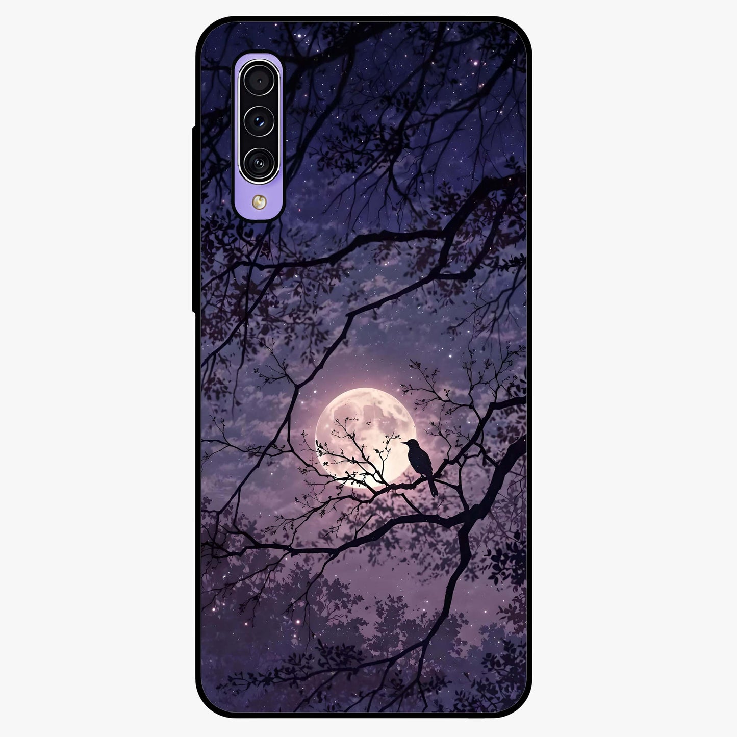 Whispering Moon Silence Glass Case showing flat back view with serene moon themed artwork and glossy glass finish.