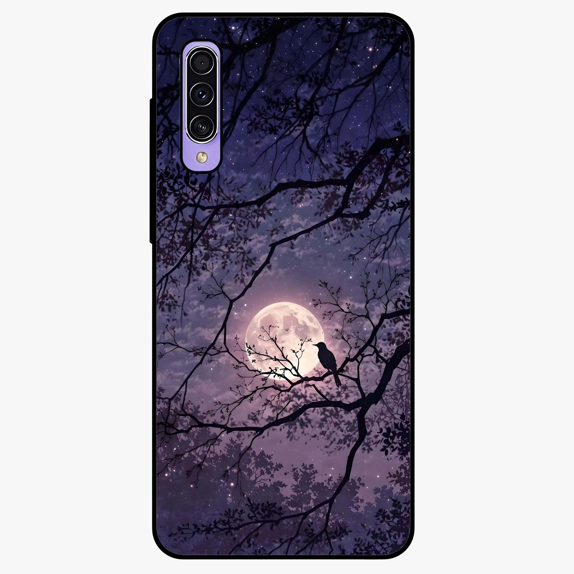 Whispering Moon Silence Glass Case showing flat back view with serene moon themed artwork and glossy glass finish.