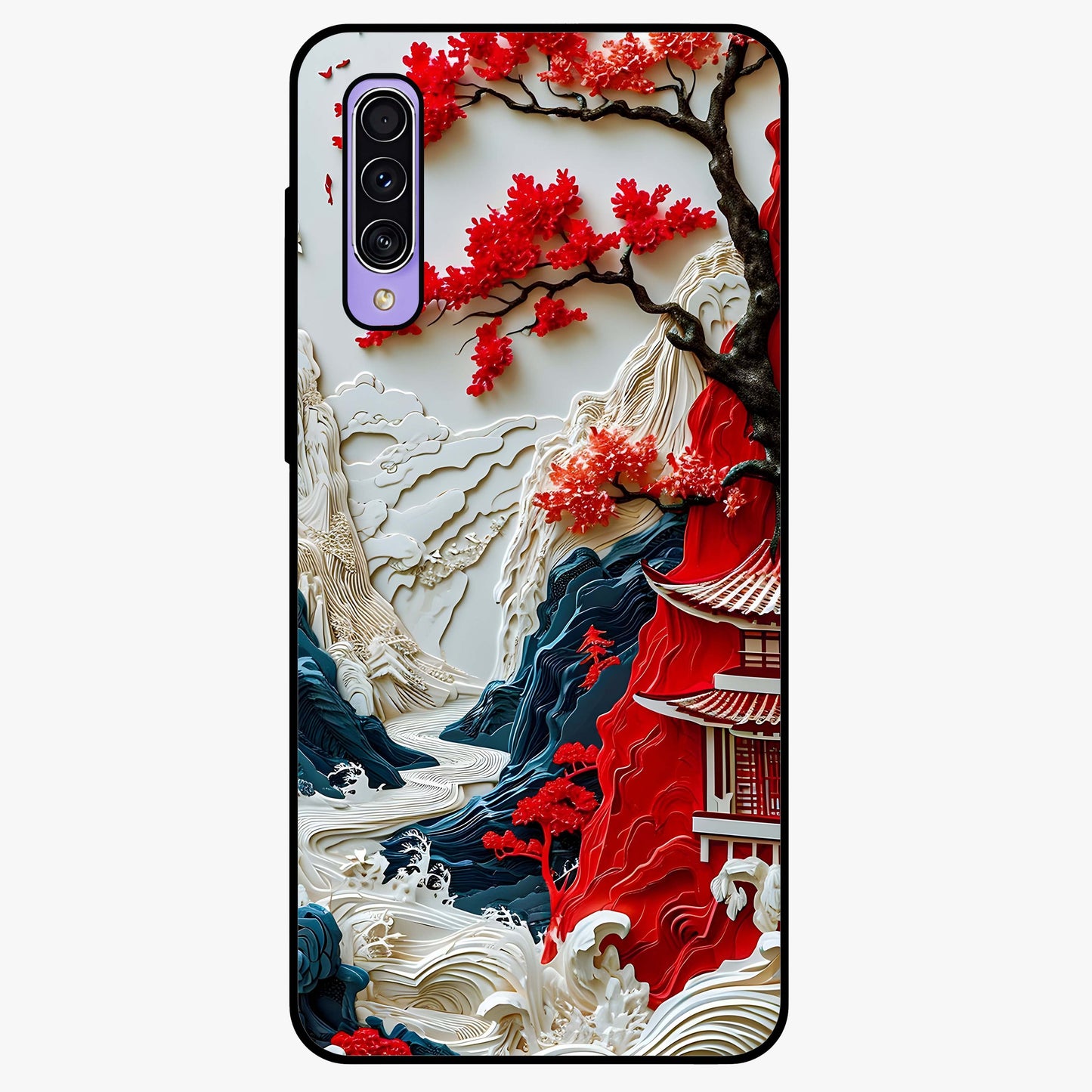Whispers Of Sakura Waves Glass Case showing flat back view with cherry blossom wave artwork and glossy glass finish.