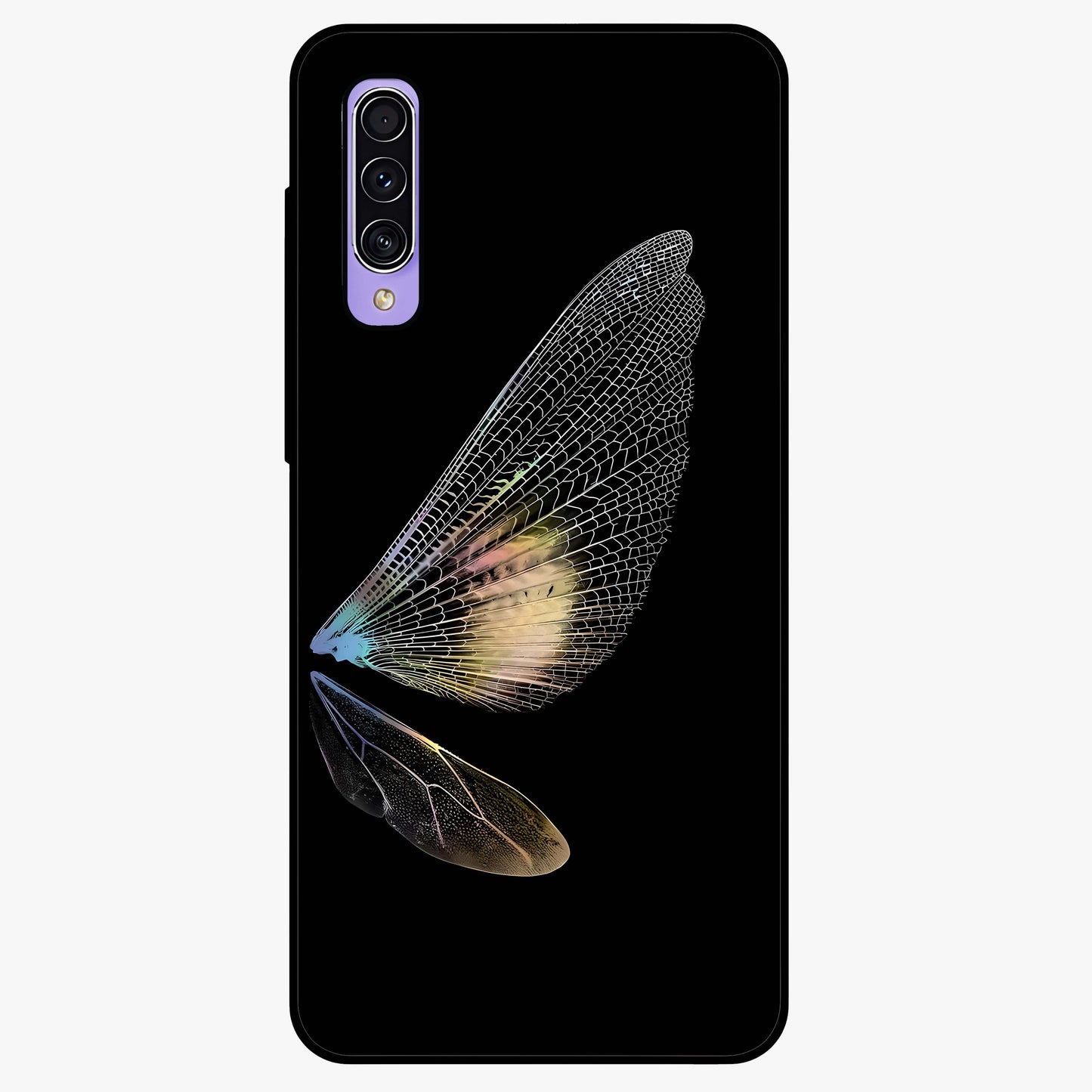 Whispers Of Wings Glass Case showing flat back view with graceful wing inspired artwork and glossy glass finish.