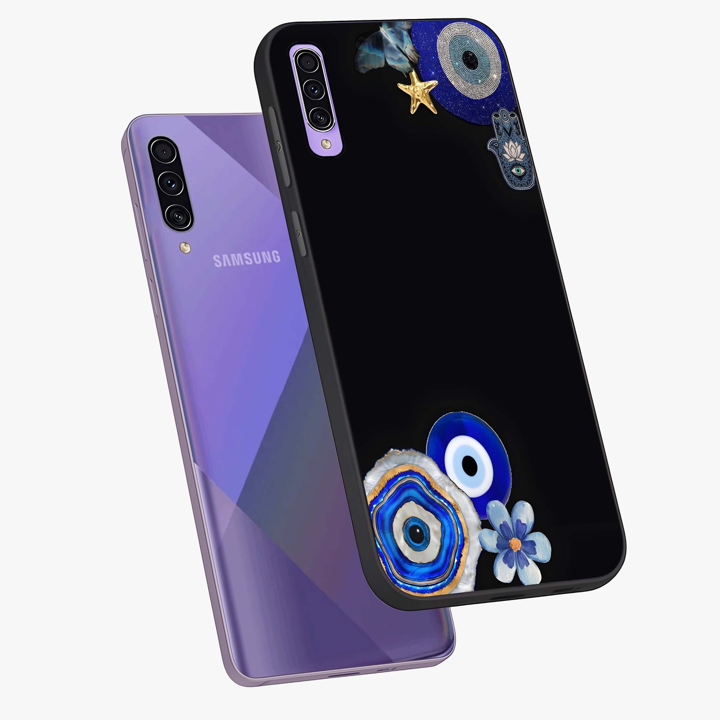 Aesthetic Blue Evil Eye Glass Case displayed in angled mockup highlighting blue evil eye symbol and spiritual aesthetic design.