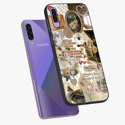 Aesthetic Brown Vintage Collage Glass Case displayed in angled mockup highlighting vintage aesthetic collage design.