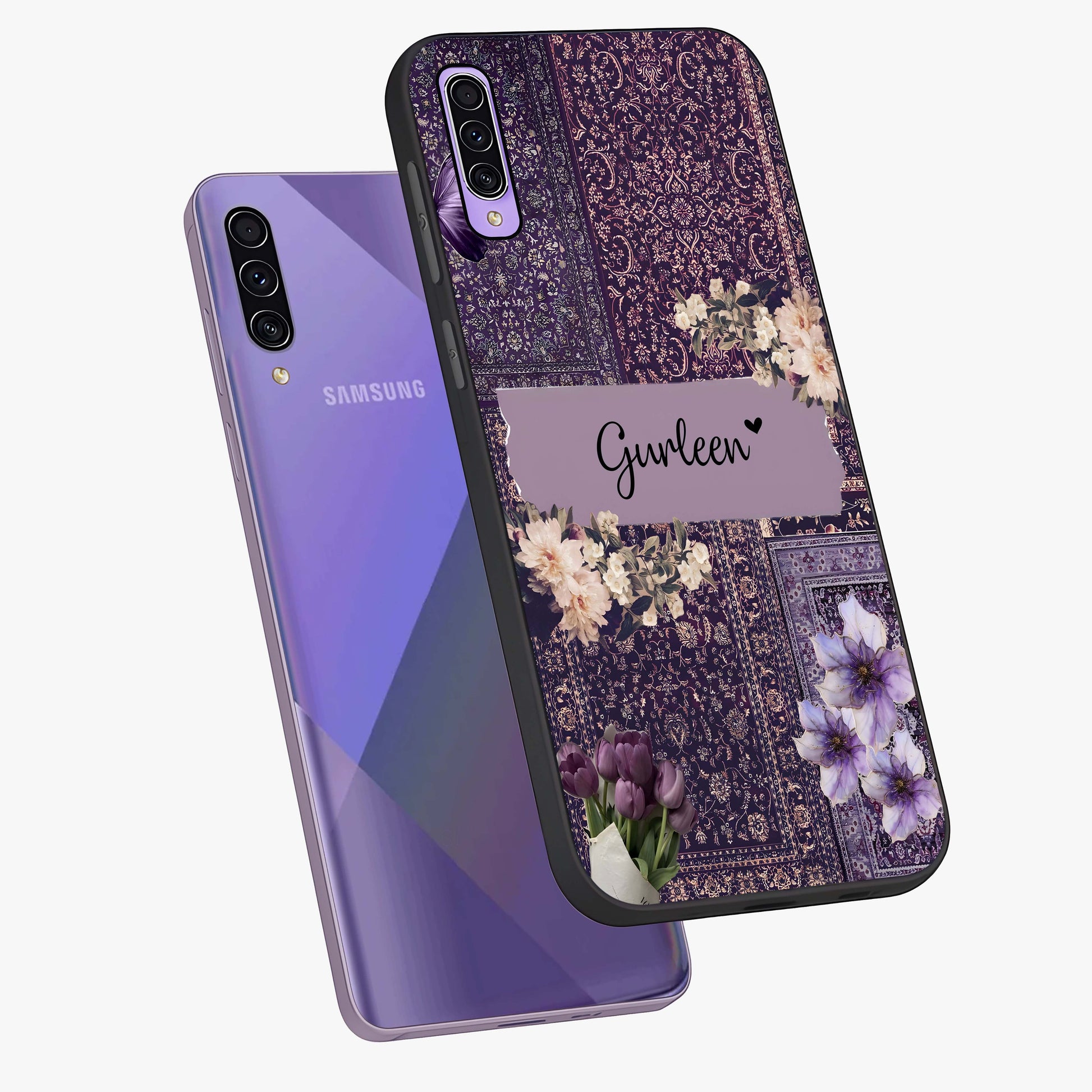 Antique Floral Whisper Custom Name Glass Case displayed in angled mockup highlighting elegant antique floral aesthetic.