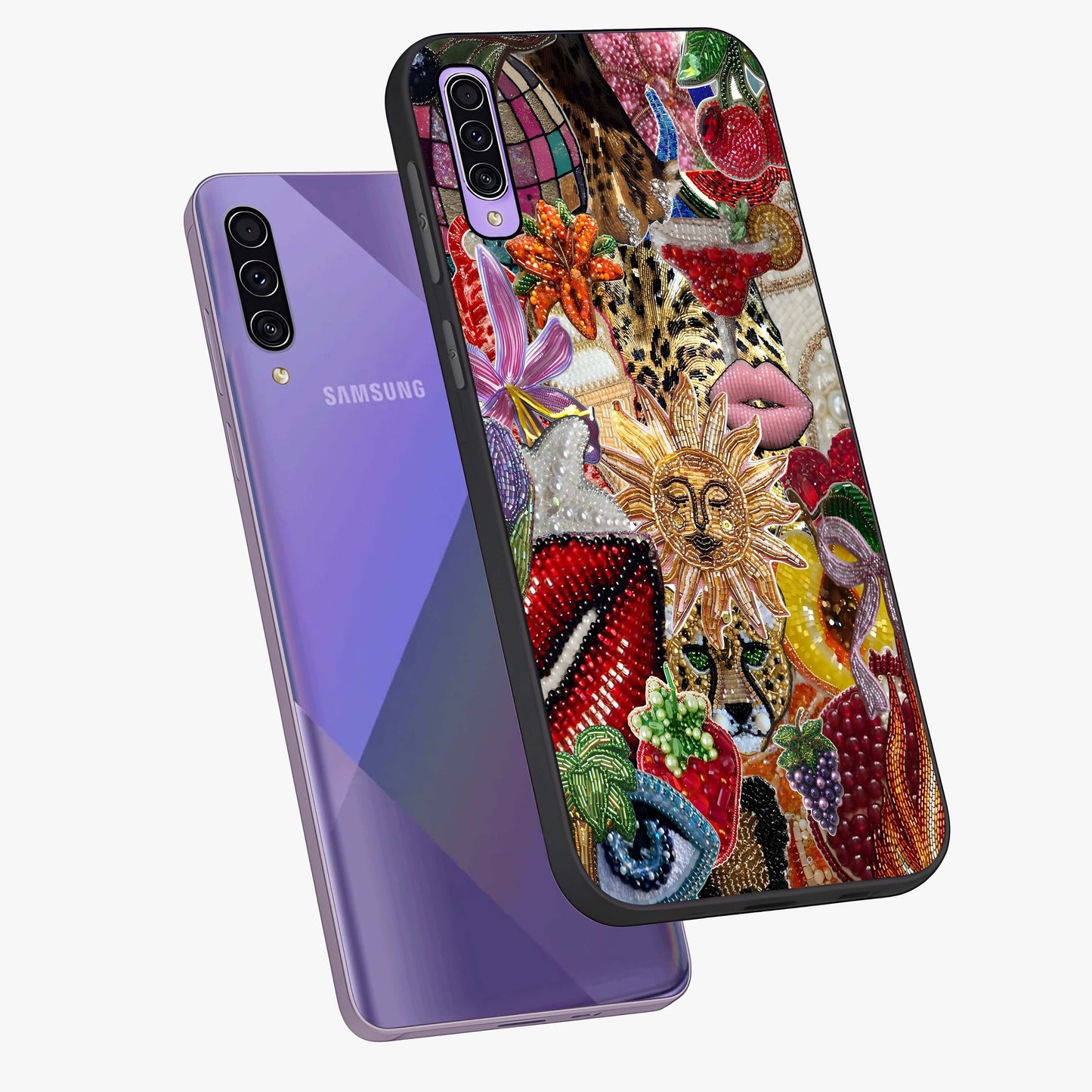 Beaded Fashion Jungle Glass Case displayed in angled mockup highlighting colorful fashion bead design and artistic pattern.