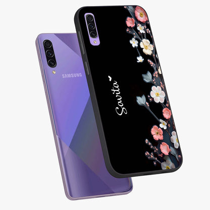 Black Elegance Floral Custom Name Glass Case displayed in angled mockup highlighting dark floral aesthetic and custom name feature.