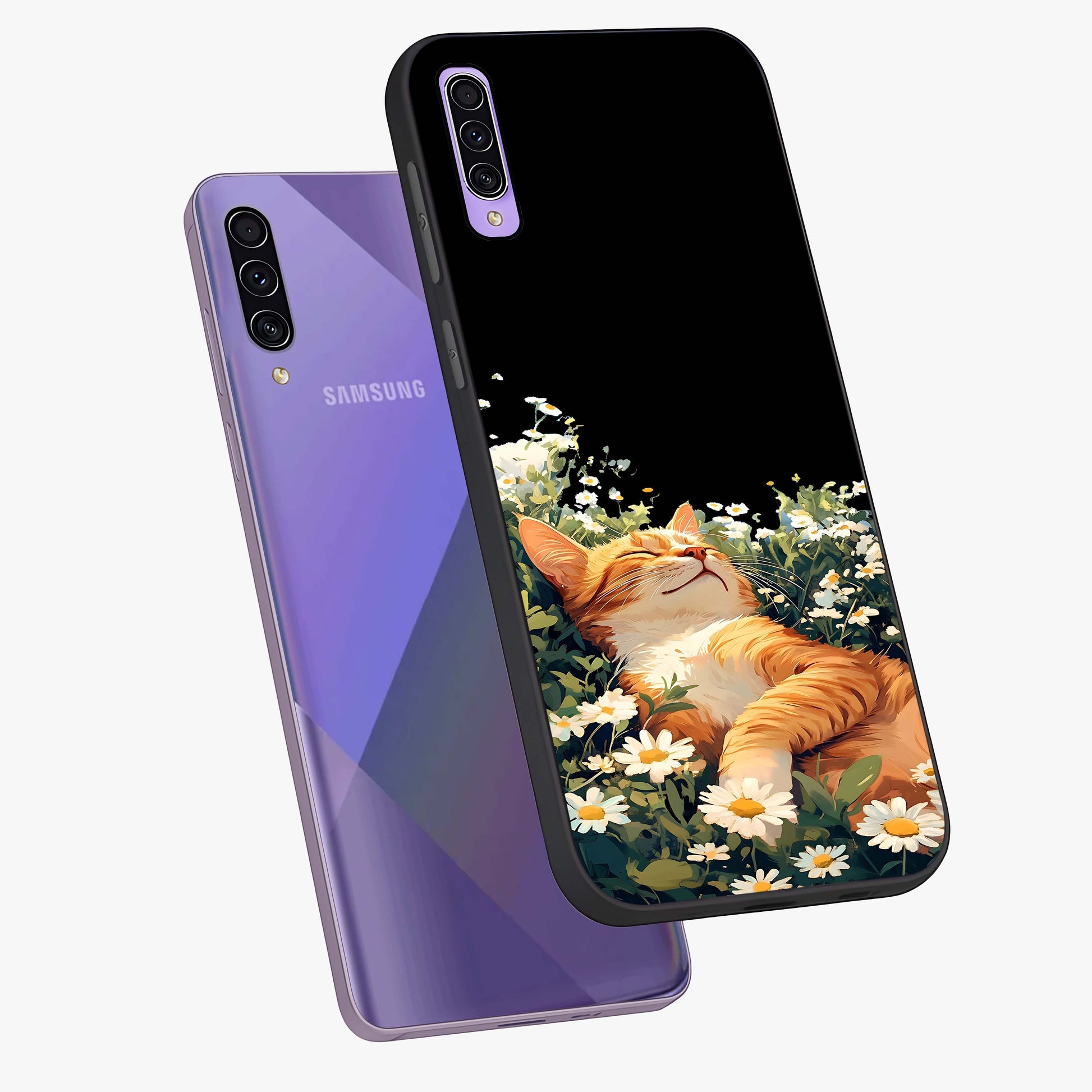 Blissful Bloom Cat Glass Case displayed in angled mockup highlighting playful feline illustration with soft floral aesthetic.