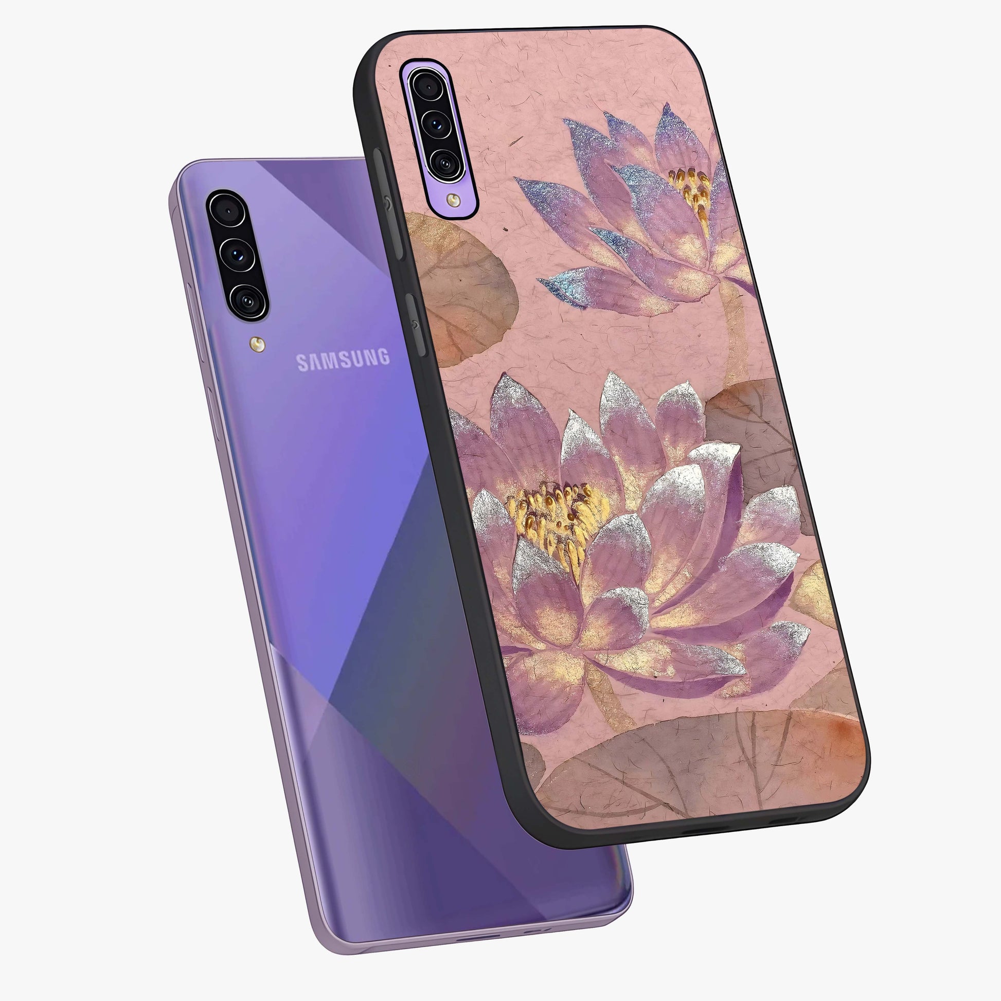 Blossom Mist Lotus Glass Case displayed in angled mockup highlighting delicate lotus illustration with calm aesthetic theme.