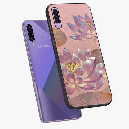 Blossom Mist Lotus Glass Case displayed in angled mockup highlighting delicate lotus illustration with calm aesthetic theme.