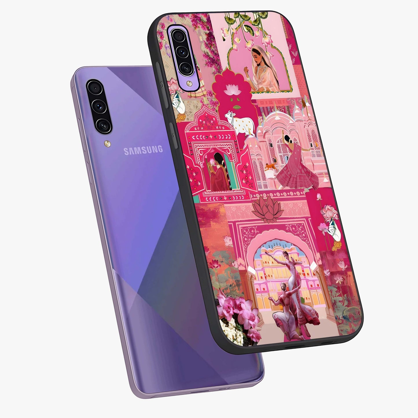 Blossoms of Rajasthan Glass Case displayed in angled mockup highlighting vibrant floral pattern with cultural aesthetic style.