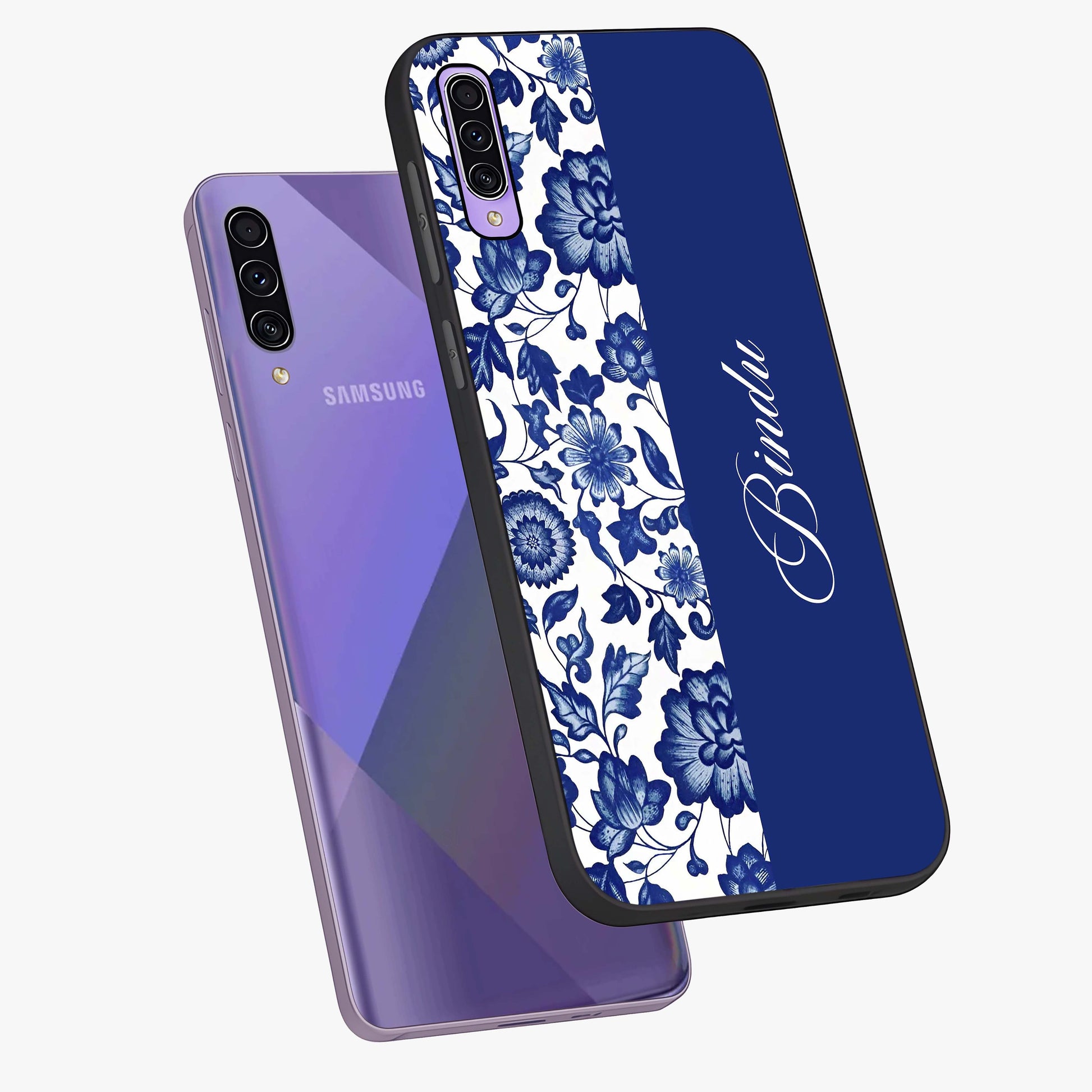 Blue Vintage Floral Pattern Glass Case displayed in angled mockup highlighting subtle bloom pattern with aesthetic pastel design.